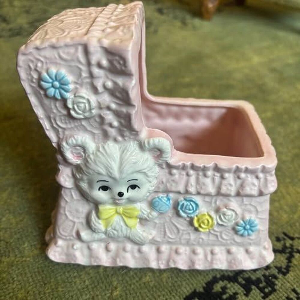 Vintage 60s Ceramic Baby Carriage Buggy Planter Bear Flower Pastel Kitsch Japan